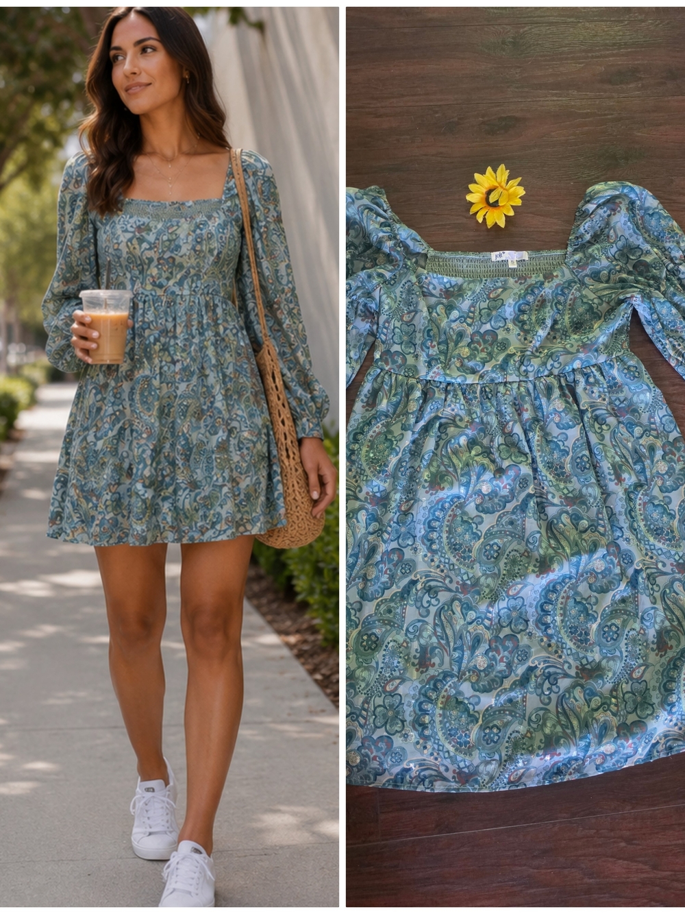 JOLT Square-Neck Paisley Mini Dress in Blue-Green